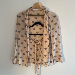 Equipment 100% silk pajama set pale pink with gray hearts